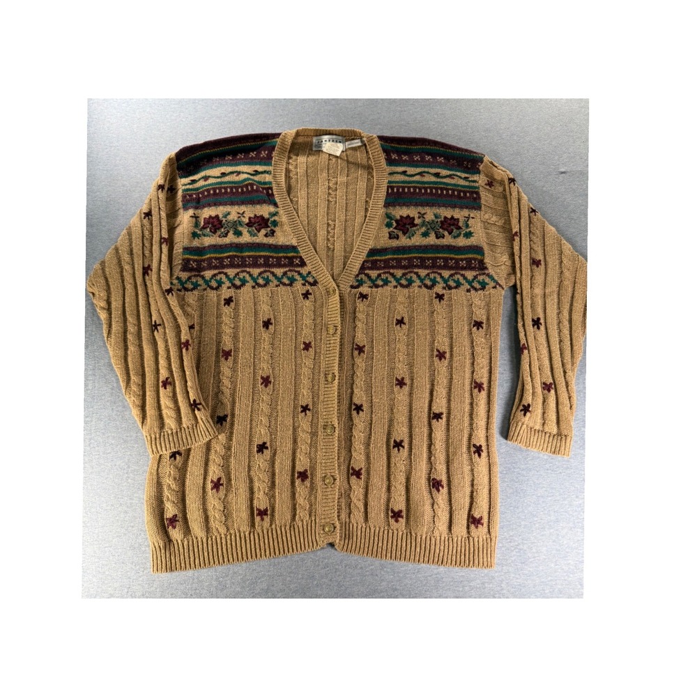 Vintage Jantzen Woman Tan Cable Knit Embroidered Cardigan Sweater Floral Brown L